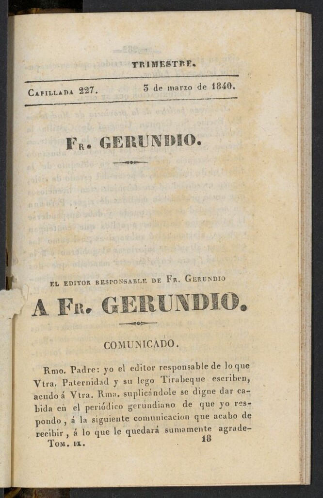 Miniatura de Fr. Gerundio: periódico satírico de política y costumbres del 3 de marzo de 1840, capillada 227