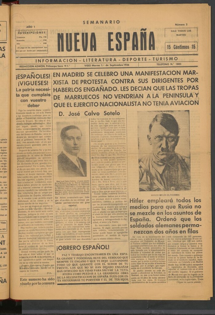 Miniatura de Nueva España : información, literatura, deporte, turismo del 1 de septiembre de 1936