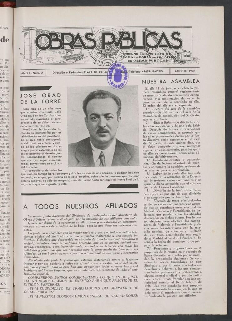 Miniatura de Obras públicas : órgano del sindicato de Trabajadores del Ministerio de Obras Públicas de agosto de 1937