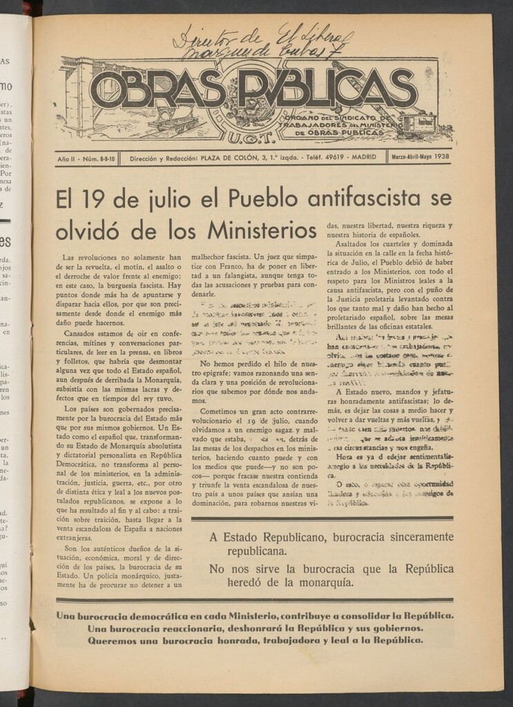 Miniatura de Obras públicas : órgano del sindicato de Trabajadores del Ministerio de Obras Públicas de marzo-abril-mayo de 1938