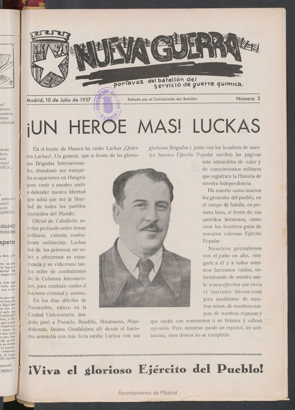 Miniatura de Nueva Guerra : portavoz del Batallón del Servicio de Guerra Química del 10 de julio de1937