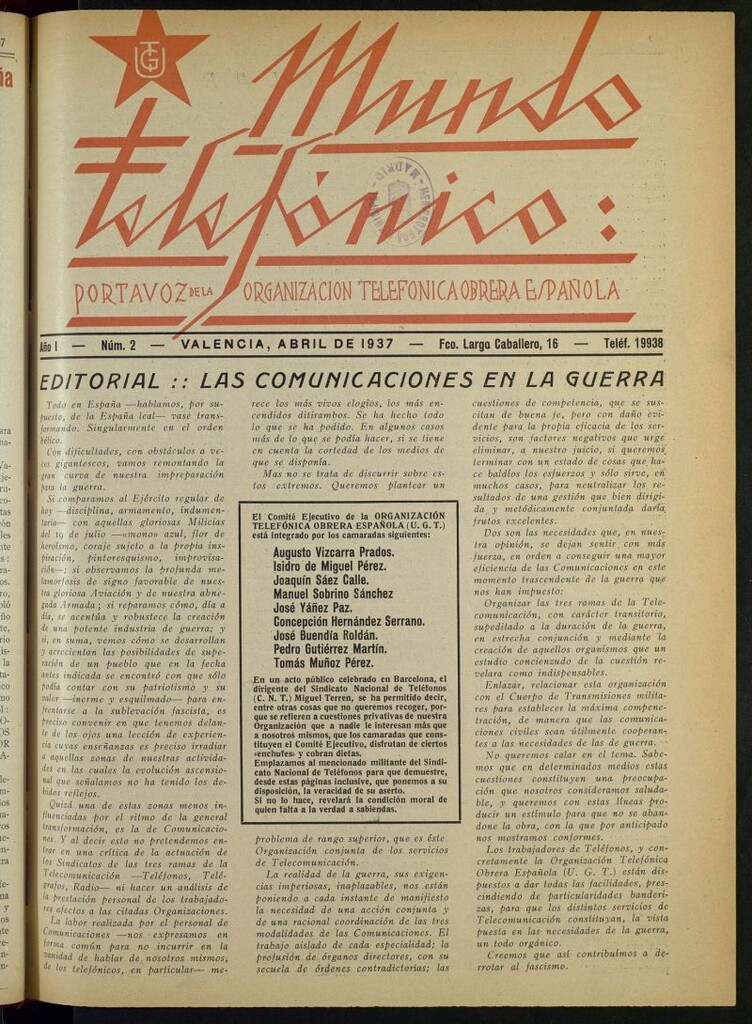 Miniatura de Mundo telefónico : portavoz de la Organización Telefónica Obrera Española de abril de 1937