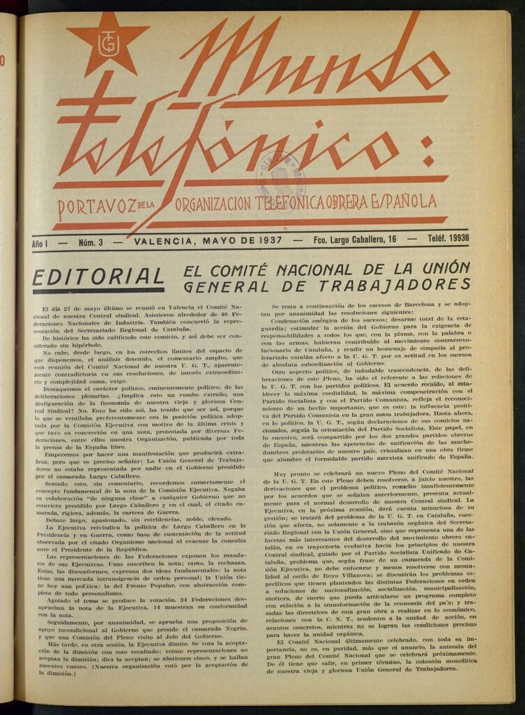 Miniatura de Mundo telefónico : portavoz de la Organización Telefónica Obrera Española de mayo de 1937