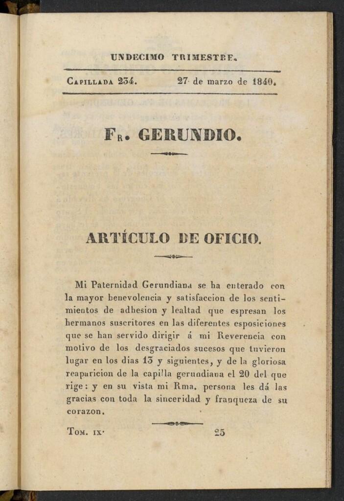 Miniatura de Fr. Gerundio: periódico satírico de política y costumbres del 27 de marzo de 1840, capillada 234