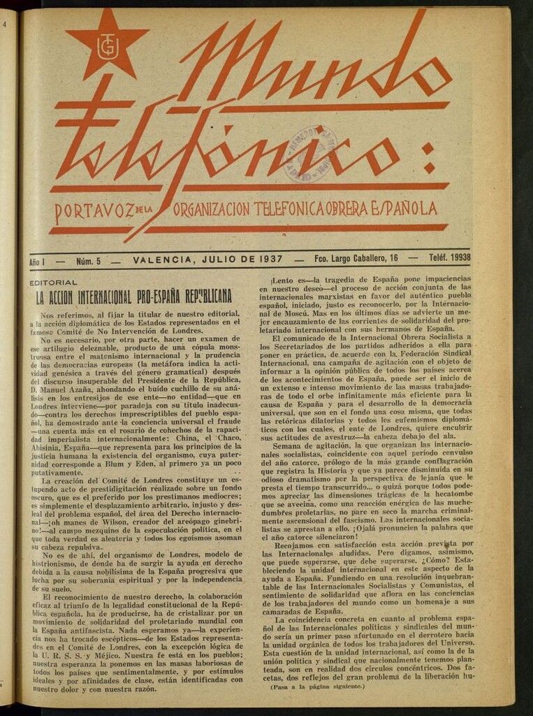 Miniatura de Mundo telefónico : portavoz de la Organización Telefónica Obrera Española de julio de 1937