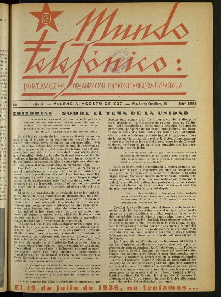 Miniatura de Mundo telefónico : portavoz de la Organización Telefónica Obrera Española de agosto de 1937
