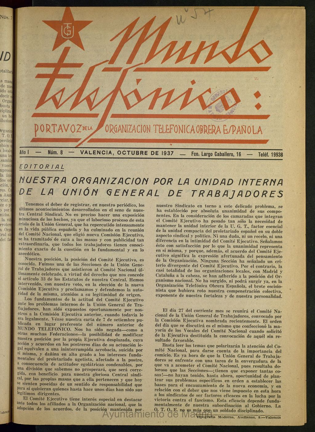 Miniatura de Mundo telefónico : portavoz de la Organización Telefónica Obrera Española de octubre de 1937