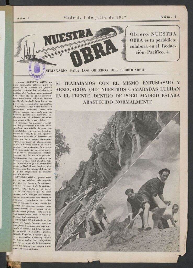 Miniatura de Nuestra obra : semanario para los obreros del ferrocarril del 1 de julio de 1937
