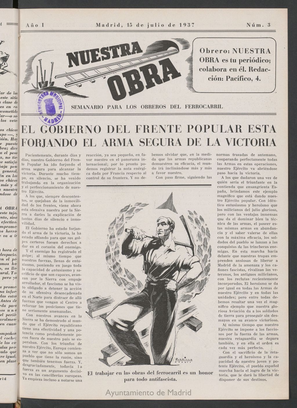 Miniatura de Nuestra obra : semanario para los obreros del ferrocarril del 15 de julio de 1937