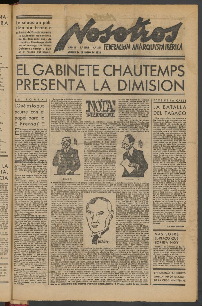 Miniatura de Nosotros : portavoz de la Federación Anarquista Ibérica : órgano de la Federación Regional de GG.AA. de Levante del 14 de enero de 1938