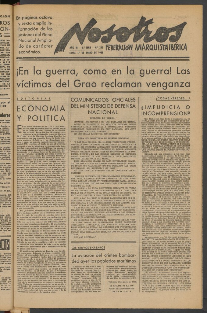 Miniatura de Nosotros : portavoz de la Federación Anarquista Ibérica : órgano de la Federación Regional de GG.AA. de Levante del 17 de enero de 1938