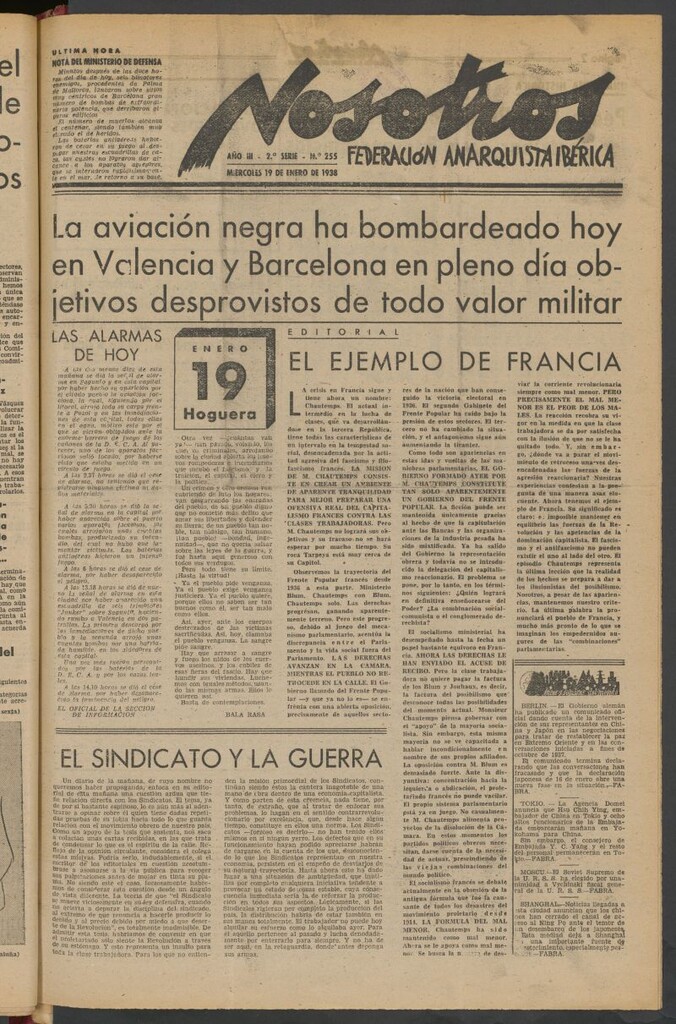 Miniatura de Nosotros : portavoz de la Federación Anarquista Ibérica : órgano de la Federación Regional de GG.AA. de Levante del 19 de enero de 1938