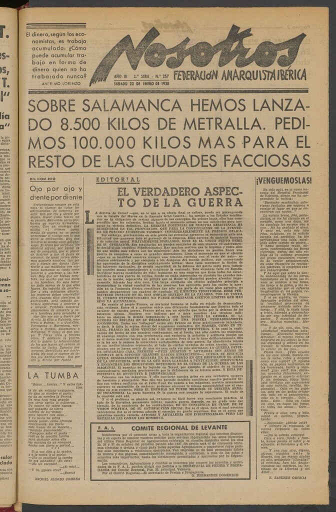 Miniatura de Nosotros : portavoz de la Federación Anarquista Ibérica : órgano de la Federación Regional de GG.AA. de Levante del 22 de enero de 1938