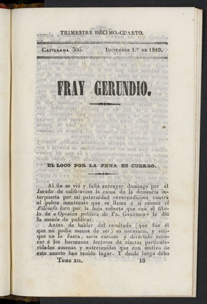 Miniatura de Fr. Gerundio: periódico satírico de política y costumbres del 1 de diciembre de 1840, capillada 306