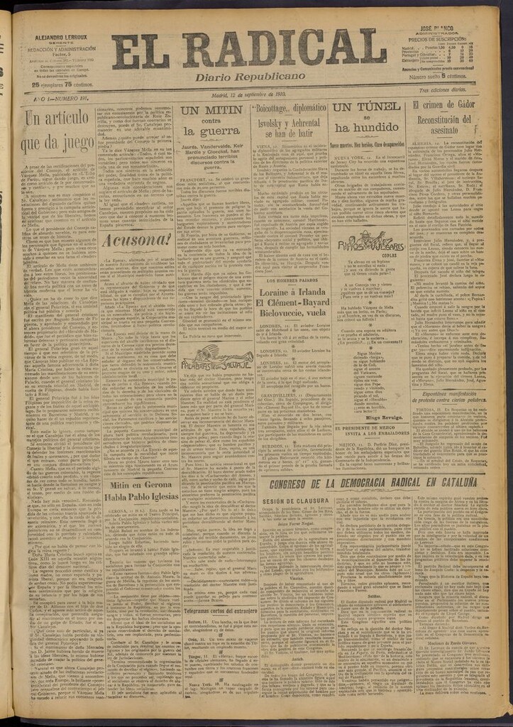 Miniatura de El Radical: diario republicano del 12 de septiembre de 1910
