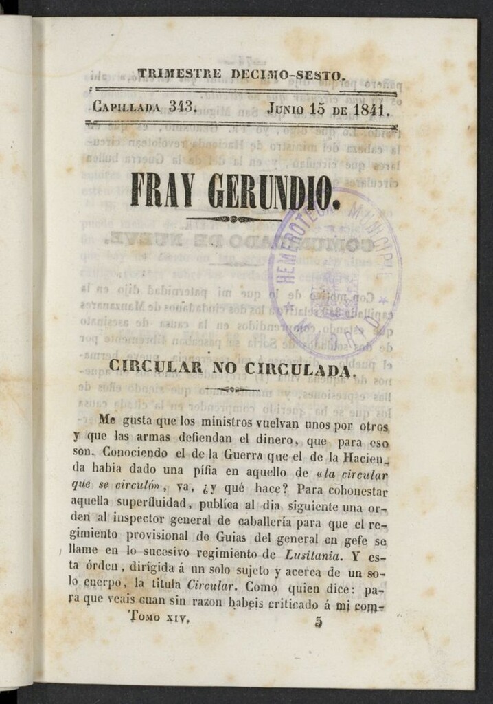Miniatura de Fr. Gerundio: periódico satírico de política y costumbres del 15 de junio de 1841, capillada 343