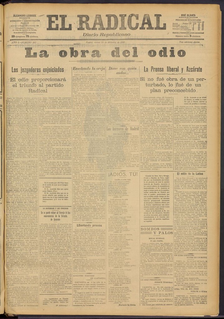 Miniatura de El Radical: diario republicano del 23 de diciembre de 1910