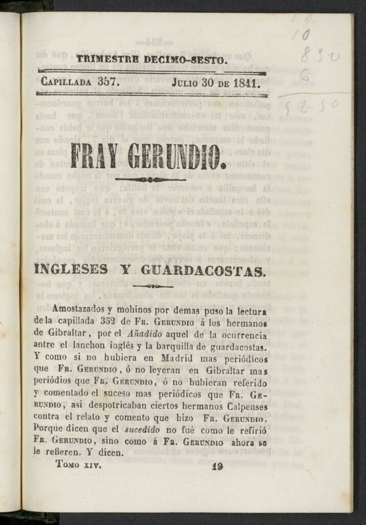 Miniatura de Fr. Gerundio: periódico satírico de política y costumbres del 30 de julio de 1841, capillada 357