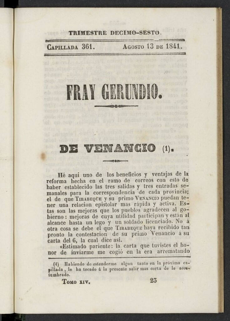 Miniatura de Fr. Gerundio: periódico satírico de política y costumbres del 13 de agosto de 1841, capillada 361