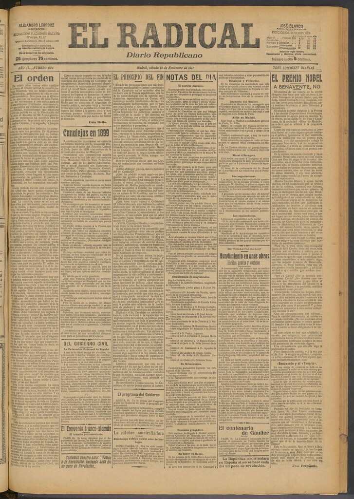 Miniatura de El Radical: diario republicano del 18 de noviembre de 1911