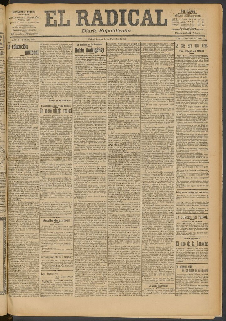 Miniatura de El Radical: diario republicano del 24 de diciembre de 1911