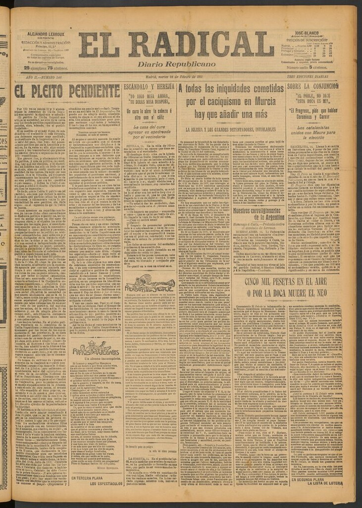 Miniatura de El Radical: diario republicano del 14 de febrero de 1911