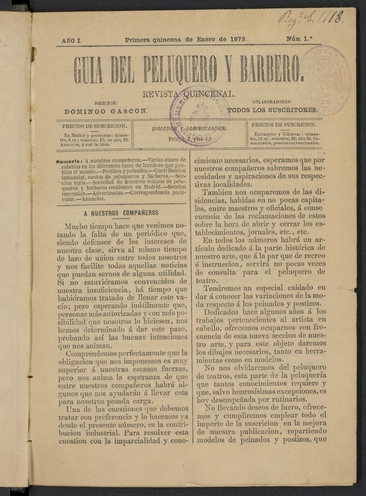 Miniatura de Guía del Peluquero y Barbero de la primera quincena de enero de 1873, nº 1