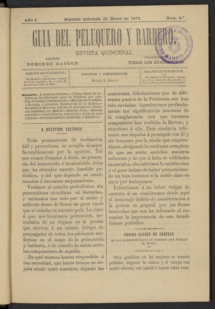 Miniatura de Guía del Peluquero y Barbero de la segunda quincena de enero de 1873, nº 2