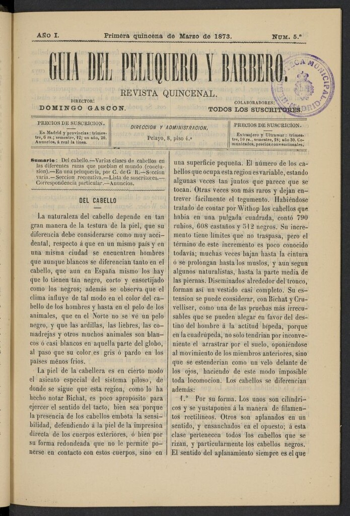 Miniatura de Guía del Peluquero y Barbero de la primera quincena de marzo de 1873, nº 5