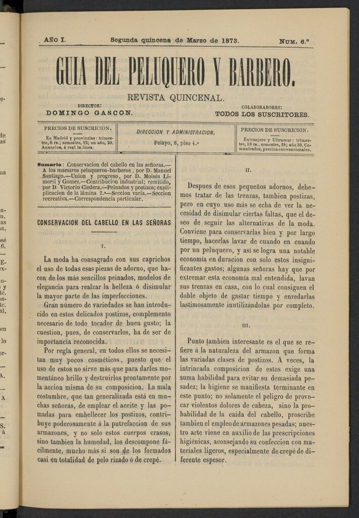 Miniatura de Guía del Peluquero y Barbero de la segunda quincena de marzo de 1873, nº 6