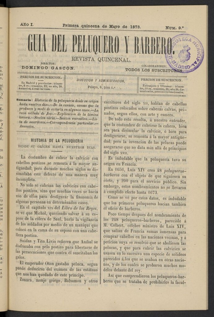 Miniatura de Guía del Peluquero y Barbero de la primera quincena de mayo de 1873, nº 9