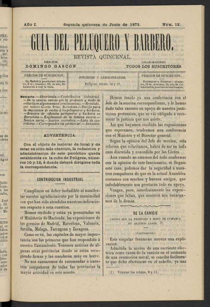 Miniatura de Guía del Peluquero y Barbero de la segunda quincena de junio de 1873, nº 12