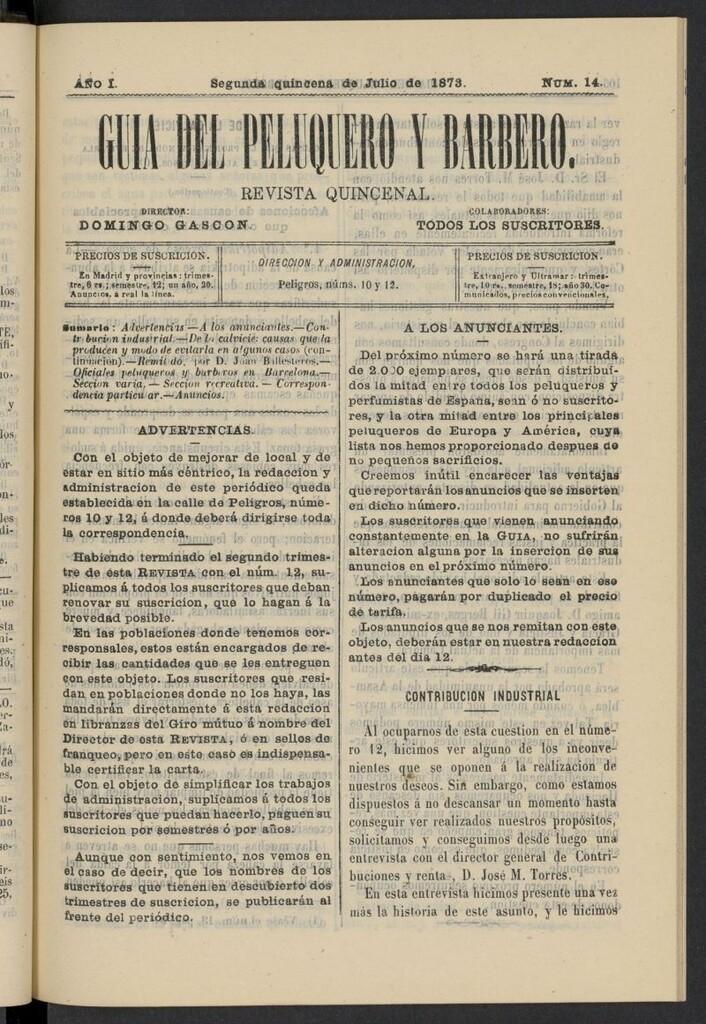 Miniatura de Guía del Peluquero y Barbero de la segunda quincena de julio de 1873, nº 14