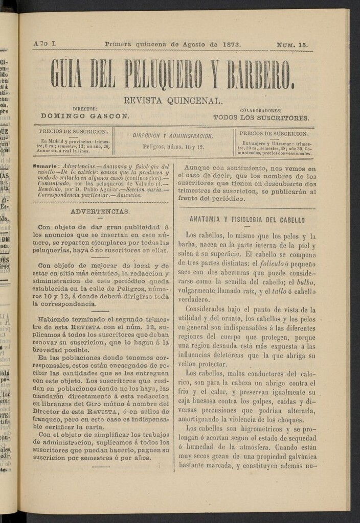 Miniatura de Guía del Peluquero y Barbero de la primera quincena de agosto de 1873, nº 15