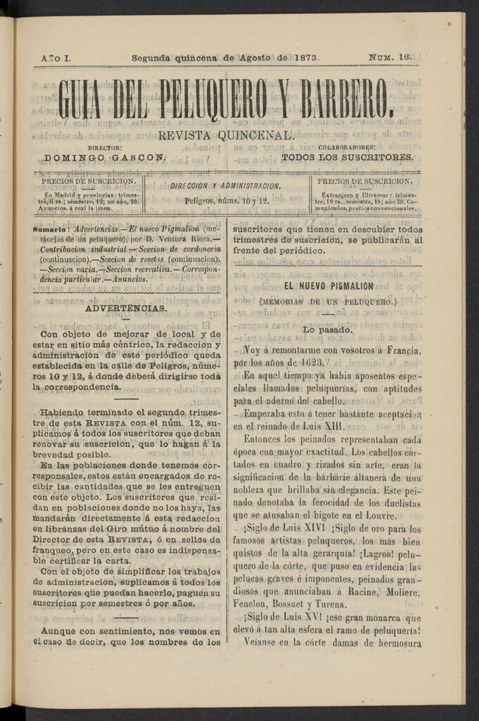 Miniatura de Guía del Peluquero y Barbero de la segunda quincena de agosto de 1873, nº 16