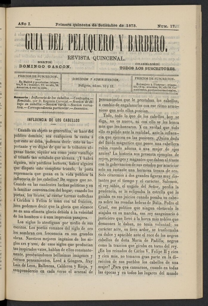 Miniatura de Guía del Peluquero y Barbero de la primera quincena de septiembre de 1873, nº 17