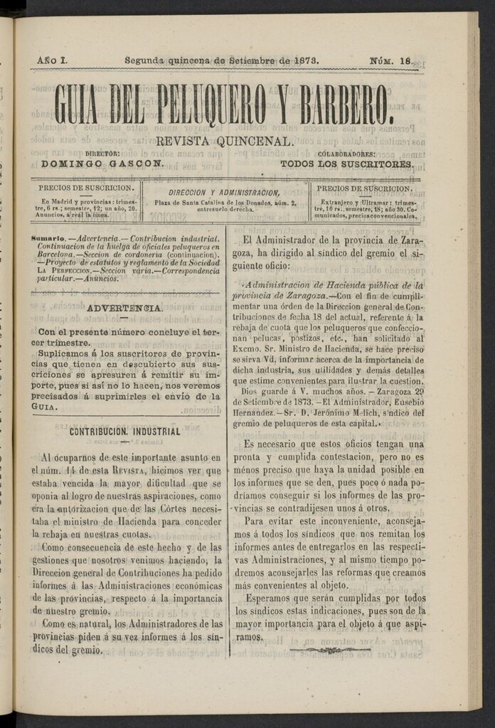 Miniatura de Guía del Peluquero y Barbero de la segunda quincena de septiembre de 1873, nº 18