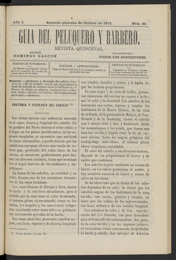 Miniatura de Guía del Peluquero y Barbero de la segunda quincena de octubre de 1873, nº 20