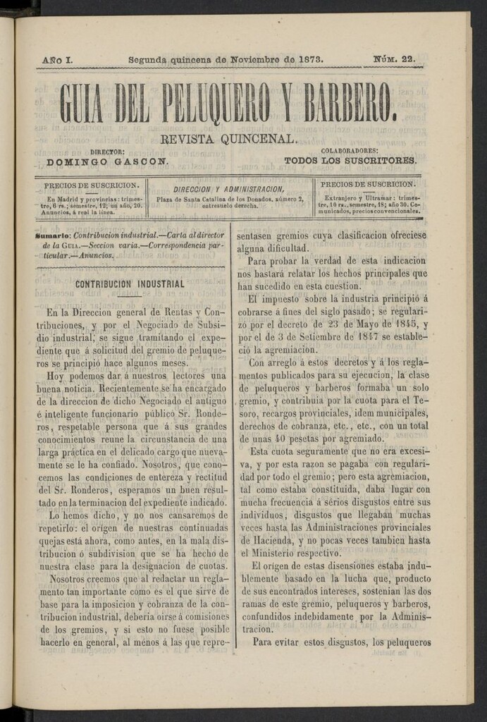 Miniatura de Guía del Peluquero y Barbero de la segunda quincena de noviembre de 1873, nº 22