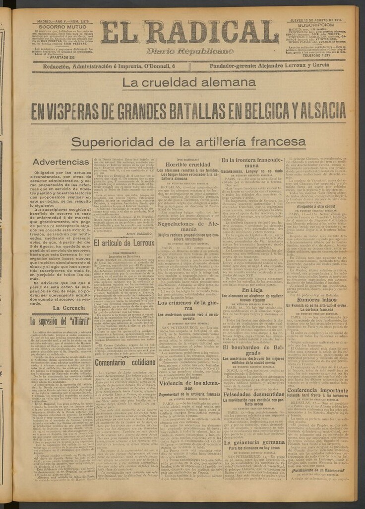 Miniatura de El Radical: diario republicano del 13 de agosto de 1914