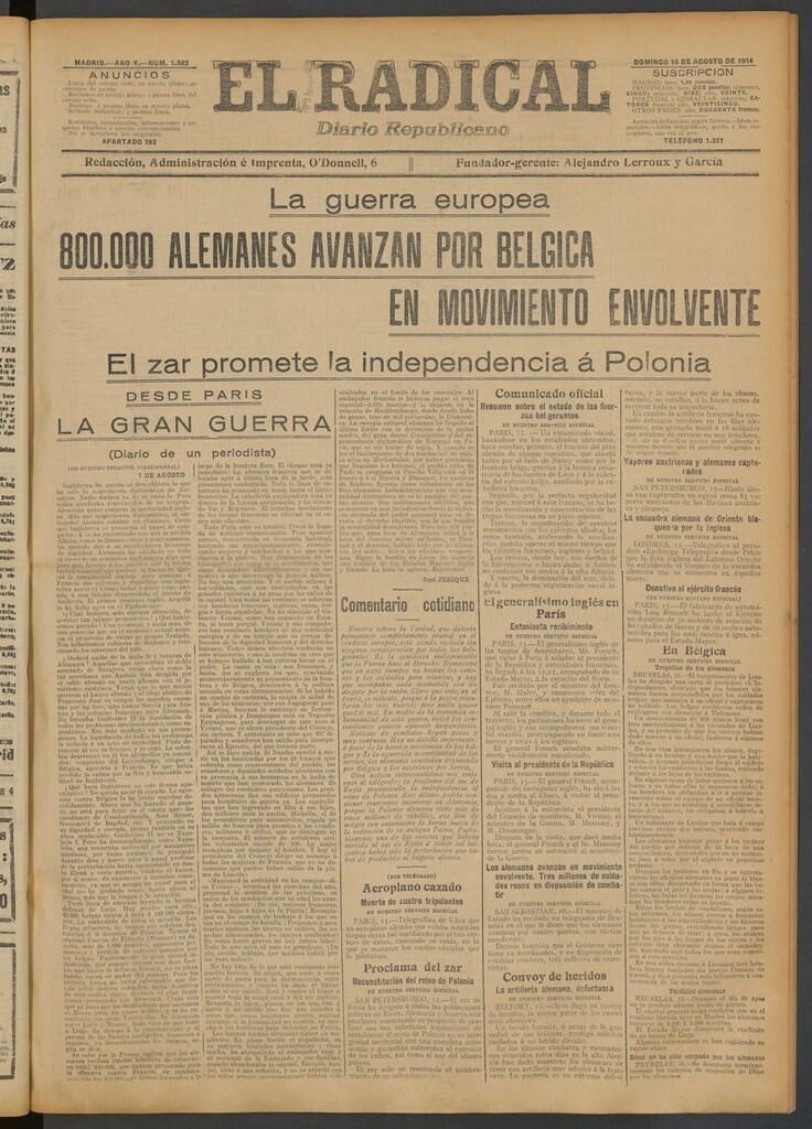 Miniatura de El Radical: diario republicano del 16 de agosto de 1914