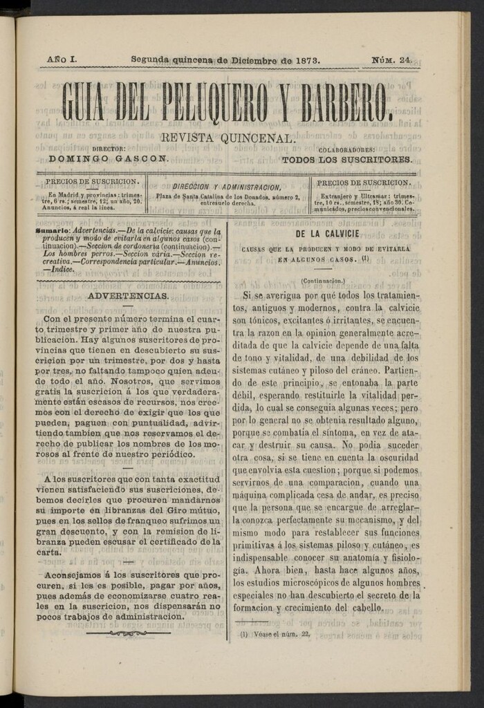 Miniatura de Guía del Peluquero y Barbero de la segunda quincena de diciembre de 1873, nº 24