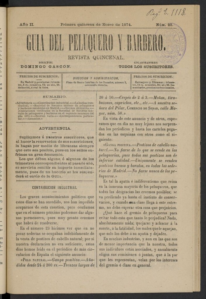 Miniatura de Guía del Peluquero y Barbero de la primera quincena de enero de 1874, nº 25