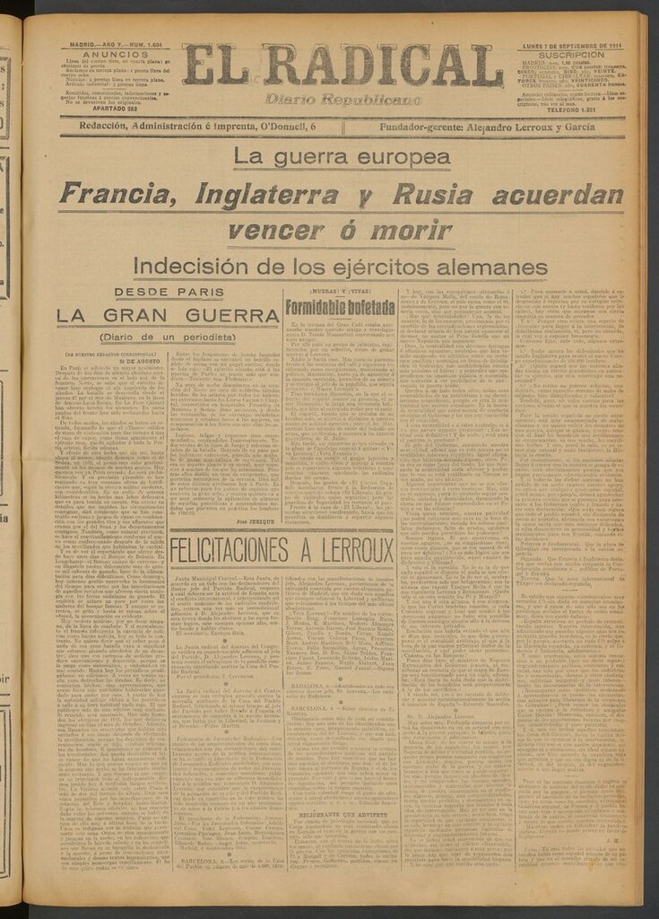 Miniatura de El Radical: diario republicano del 7 de septiembre de 1914