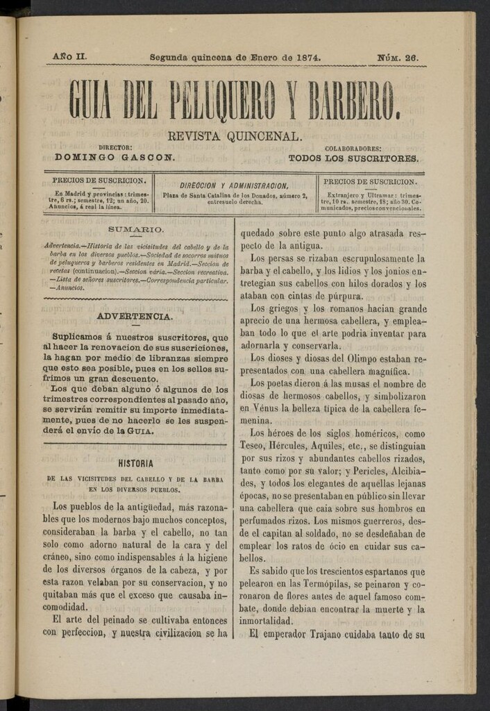 Miniatura de Guía del Peluquero y Barbero de la segunda quincena de enero de 1874, nº 26