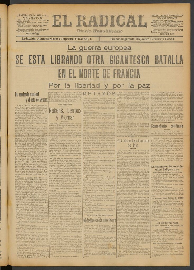 Miniatura de El Radical: diario republicano del 17 de septiembre de 1914