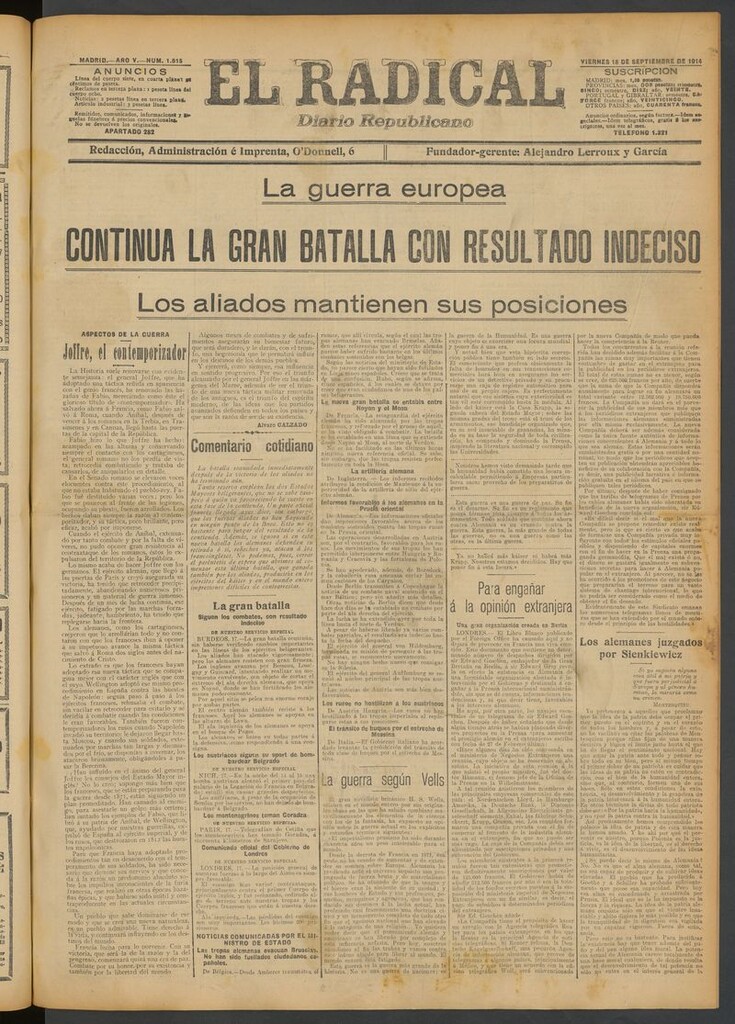 Miniatura de El Radical: diario republicano del 18 de septiembre de 1914