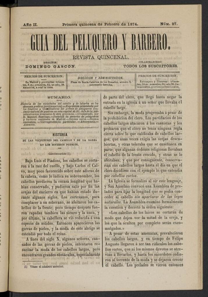 Miniatura de Guía del Peluquero y Barbero de la primera quincena de febrero de 1874, nº 27