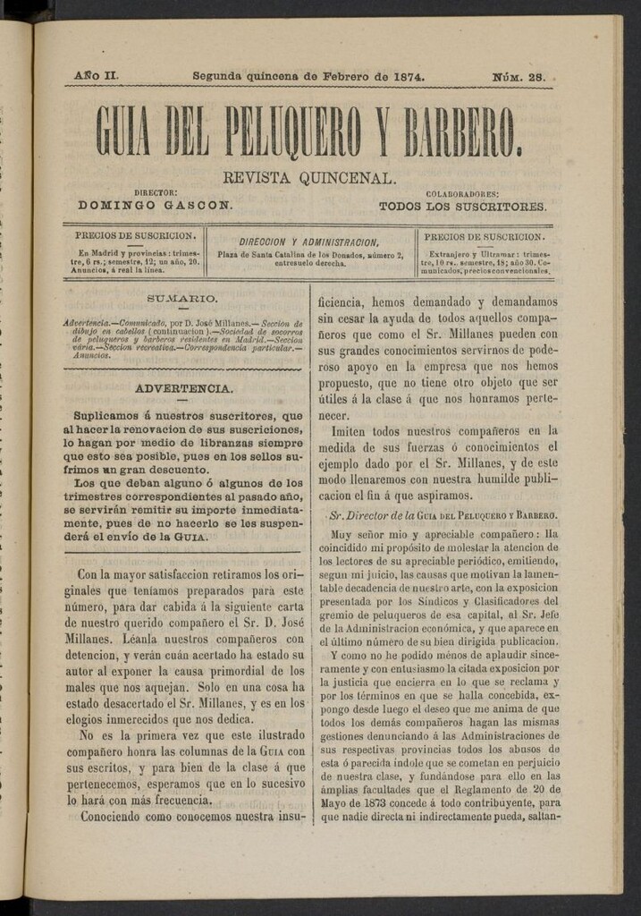 Miniatura de Guía del Peluquero y Barbero de la segunda quincena de febrero de 1874, nº 28