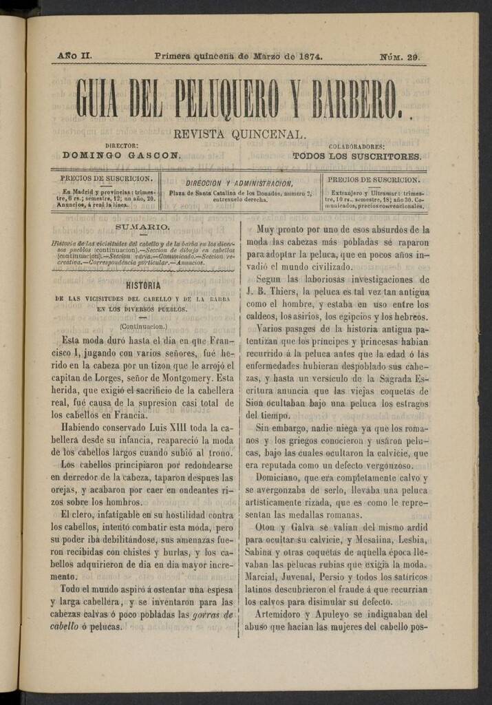 Miniatura de Guía del Peluquero y Barbero de la primera quincena de marzo de 1874, nº 29